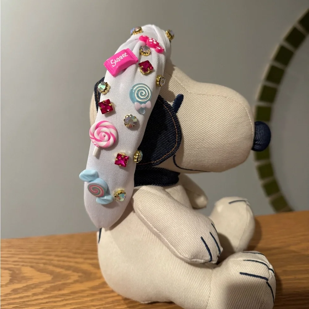 White Top Knot Headband with Candy, Sweets, and Gemstone Embellishments
